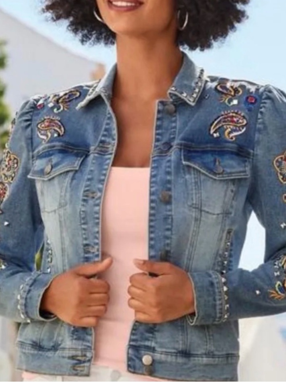 Boston Proper Paisley Embroidered And Embellished Puff Sleeve Denim Jacket XL